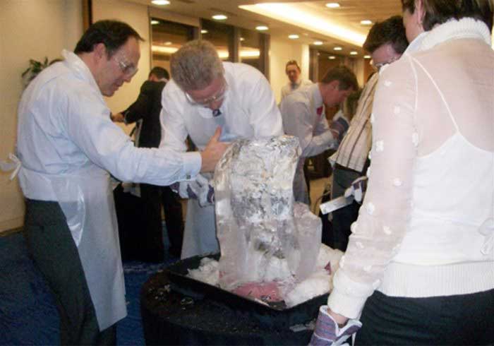 Ice sculpting at a team building event