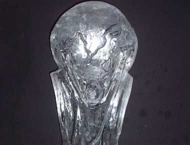 Picture of an ice sculpture of the world cup